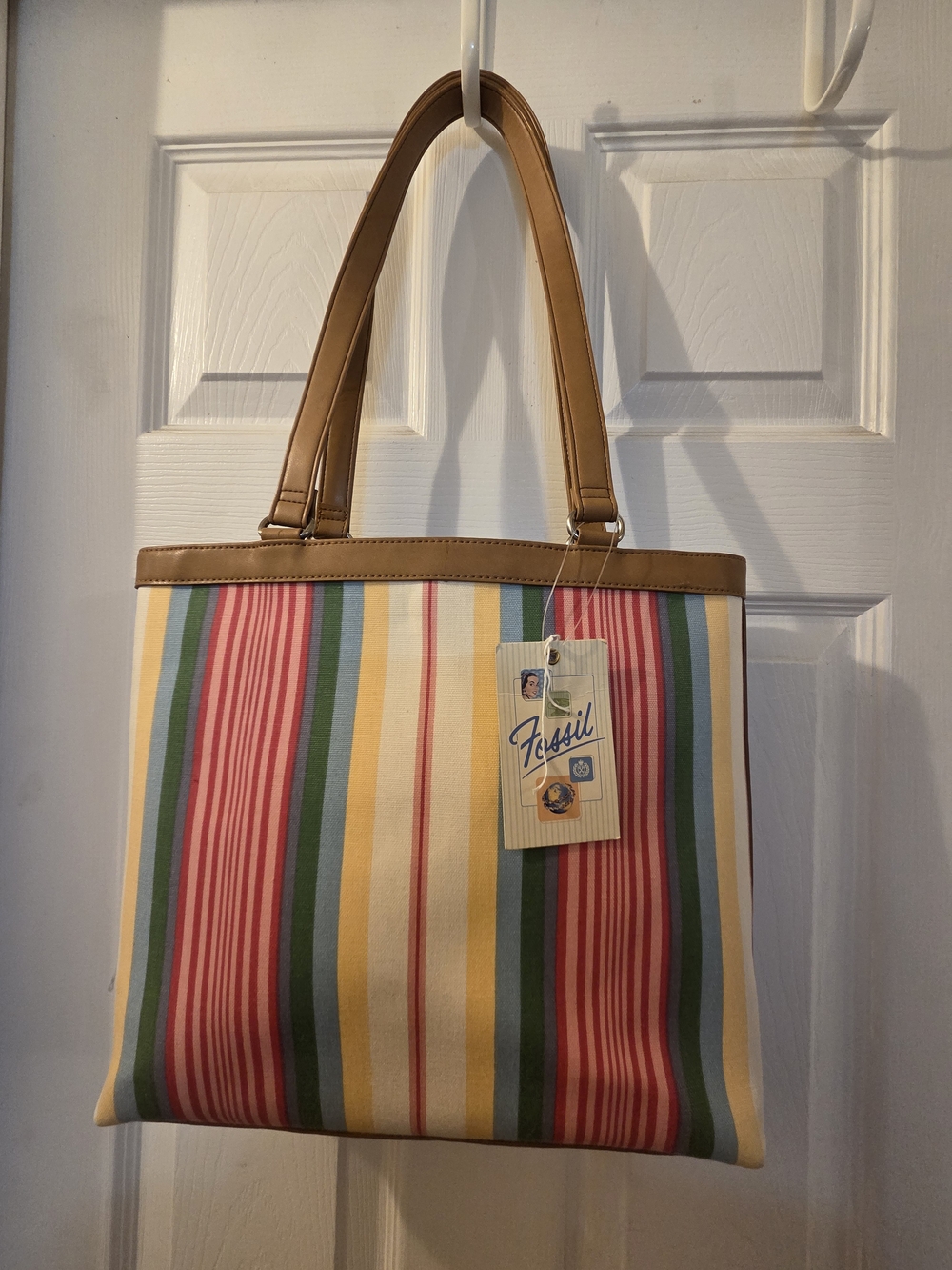 Fossil Striped Canvas Tote with Tan Handles NWT (Small Spot On Bottom Of Bag)